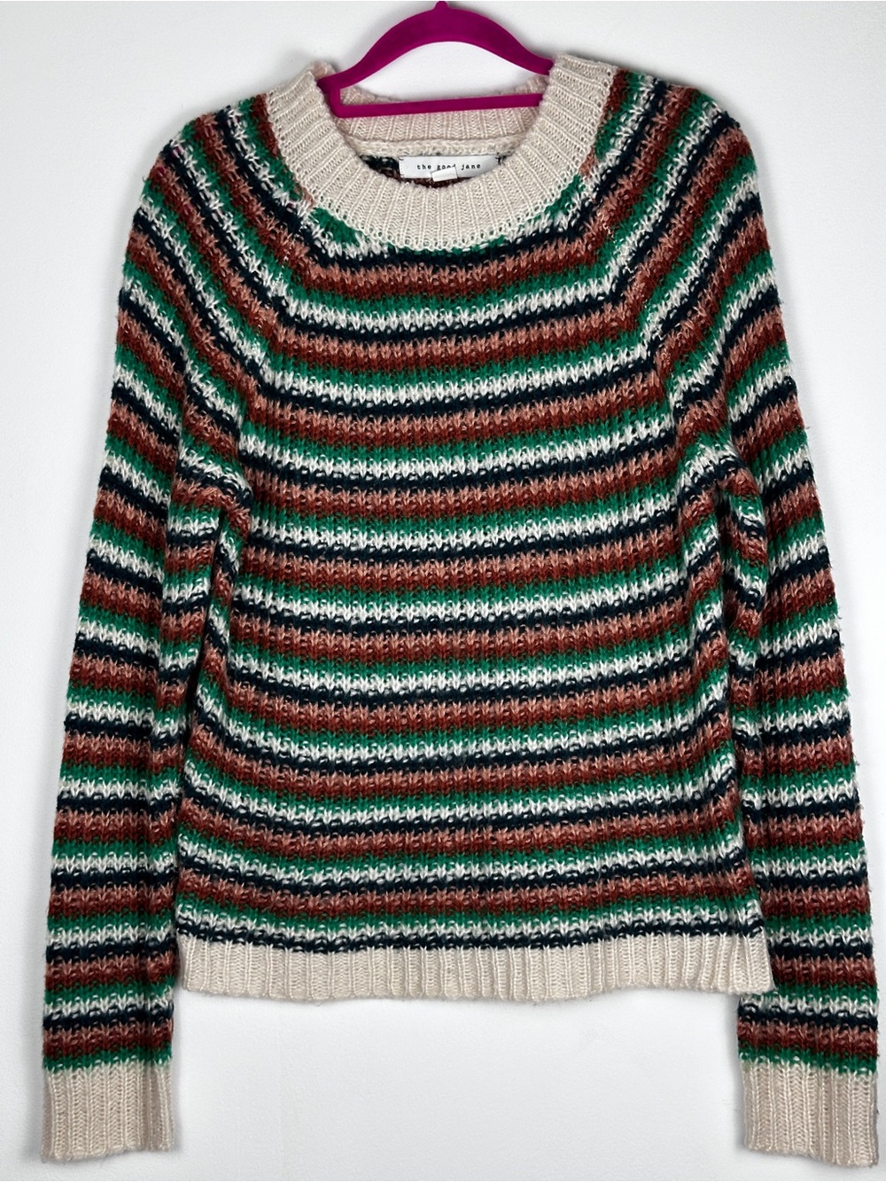 The Good Jane Women’s XS/S Striped Chunky Knit Sweater Green Brown Navy Cream